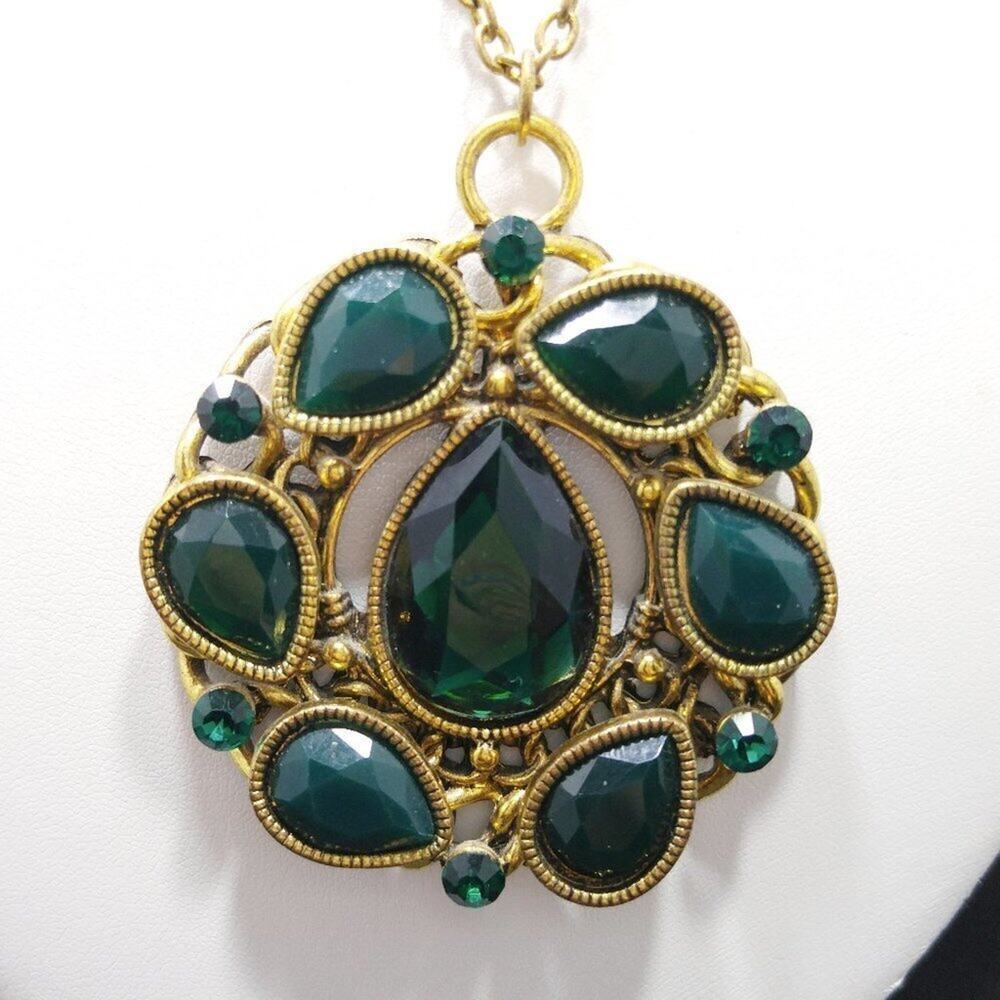 Emerald Green Rhinestone Pendant Necklace, 34 Inch Rustic Gold Tone Chain